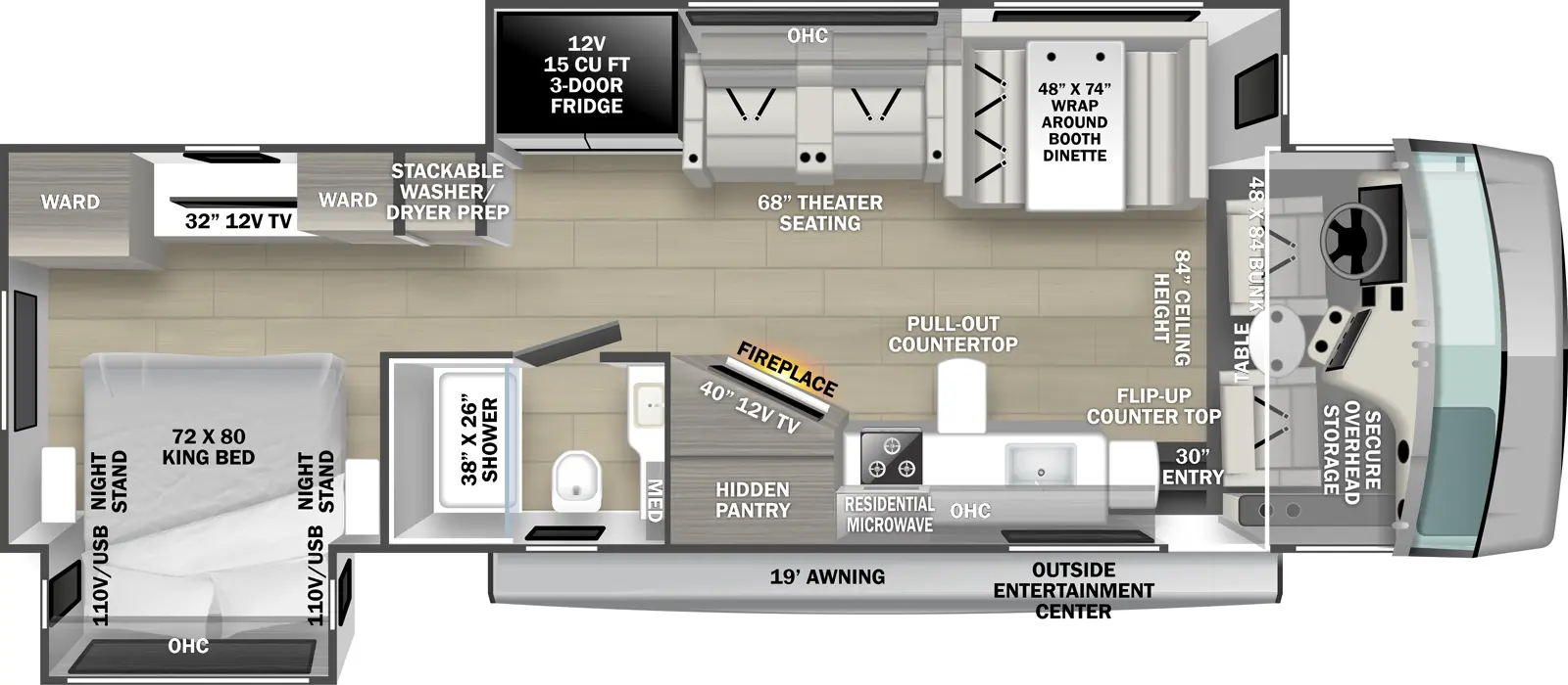 The 33Z has two slideouts and one entry. Exterior features a 19 foot awning, and outside entertainment center. Interior layout front to back: cockpit with secure overhead storage, bunk above, and table between the seats; 84&quot; ceiling height; off-door side slideout with wrap around booth dinette, theater seating with overhead cabinet, and 12V 3-door refrigerator; door side entry, kitchen counter with extension, sink, overhead cabinet, residential microwave, cooktop, and 12V TV and fireplace with a hidden pantry behind; door side full bathroom with medicine cabinet; rear bedroom with door side king bed slideout with overhead cabinet and nightstand with 110V outlet and USB port on each side, and off-door side wardrobes with TV, and stackable washer/dryer prep.